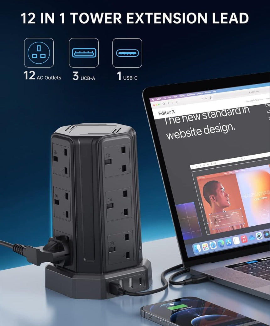 Click to see full view Extension Lead 5M, [13A 3250W] 12 Way Tower Extension Lead Multi Plug Extension Sockets with 4 USB Slots