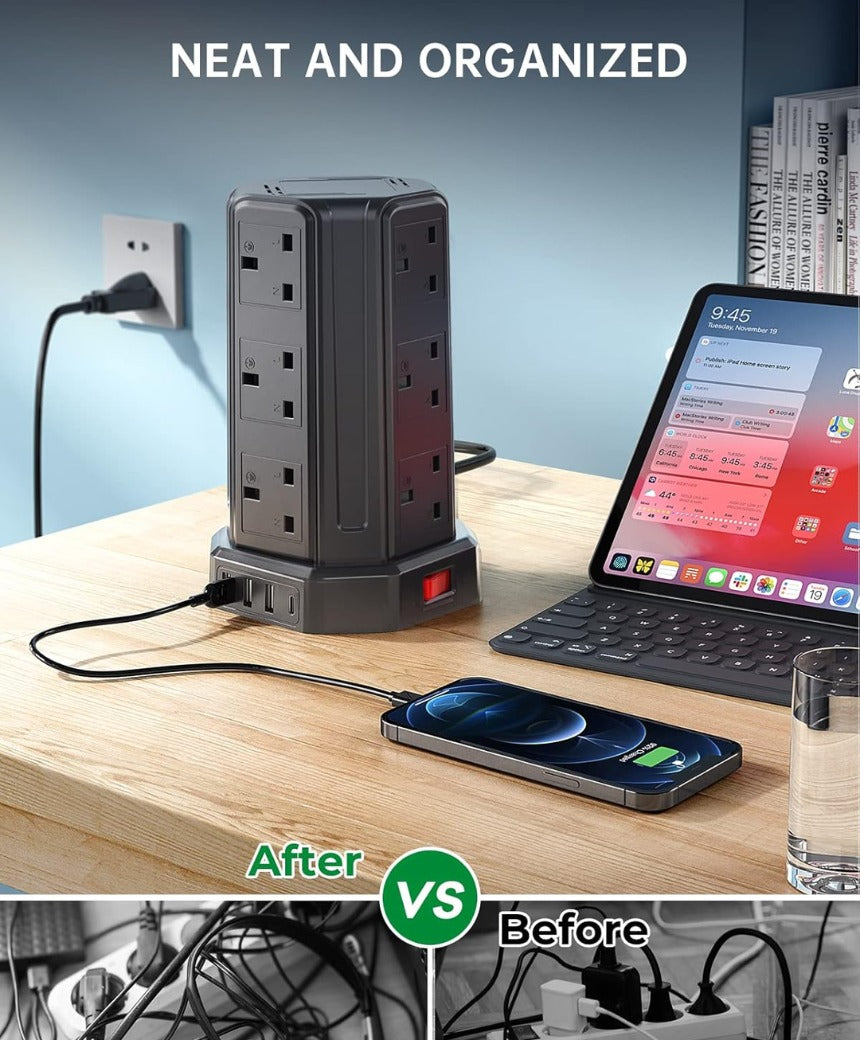 Click to see full view Extension Lead 5M, [13A 3250W] 12 Way Tower Extension Lead Multi Plug Extension Sockets with 4 USB Slots