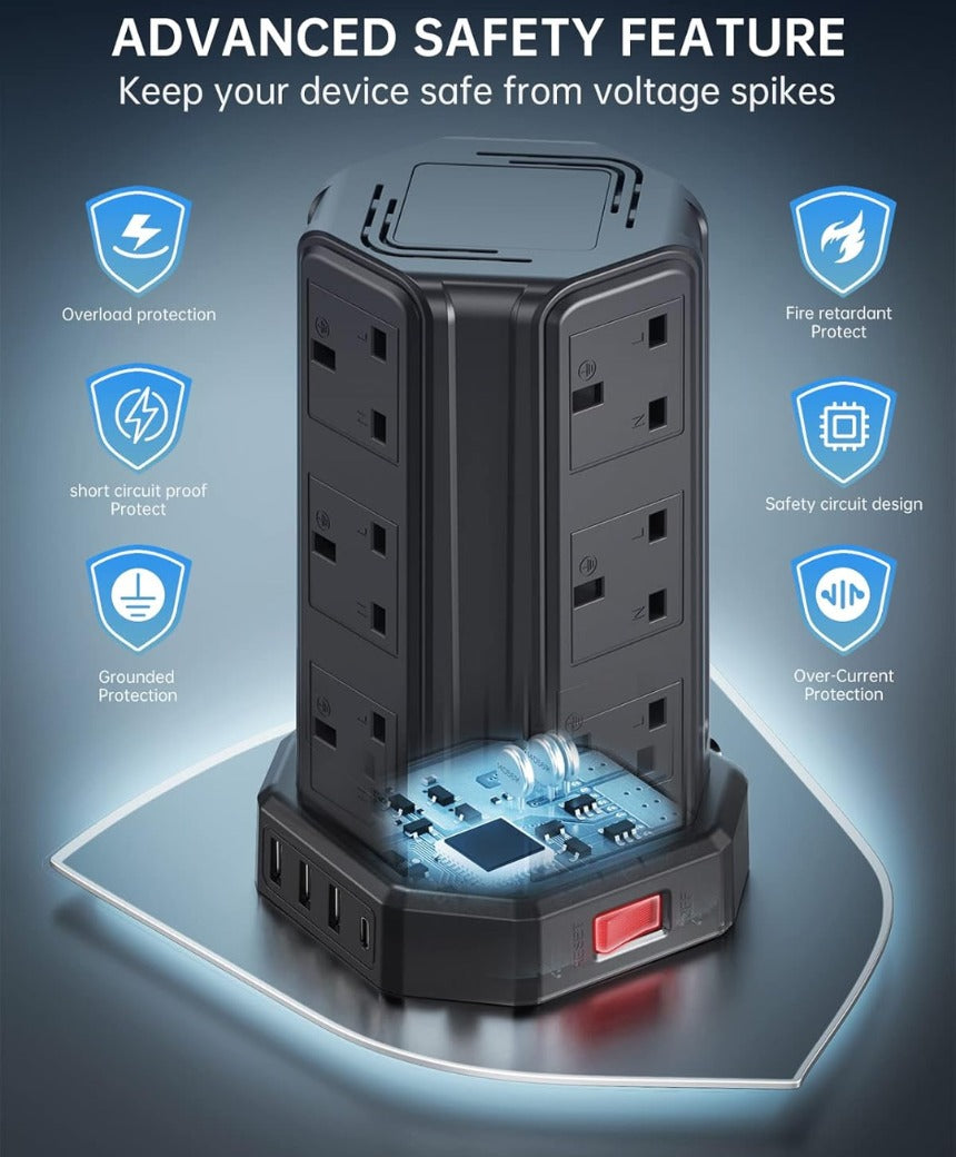 Click to see full view Extension Lead 5M, [13A 3250W] 12 Way Tower Extension Lead Multi Plug Extension Sockets with 4 USB Slots