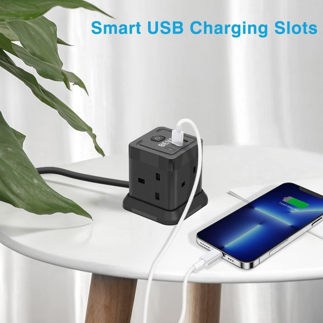 Lead Cube 3M With USB Slots, BEVA 4 Way Extension Socket With 3 USB Ports
