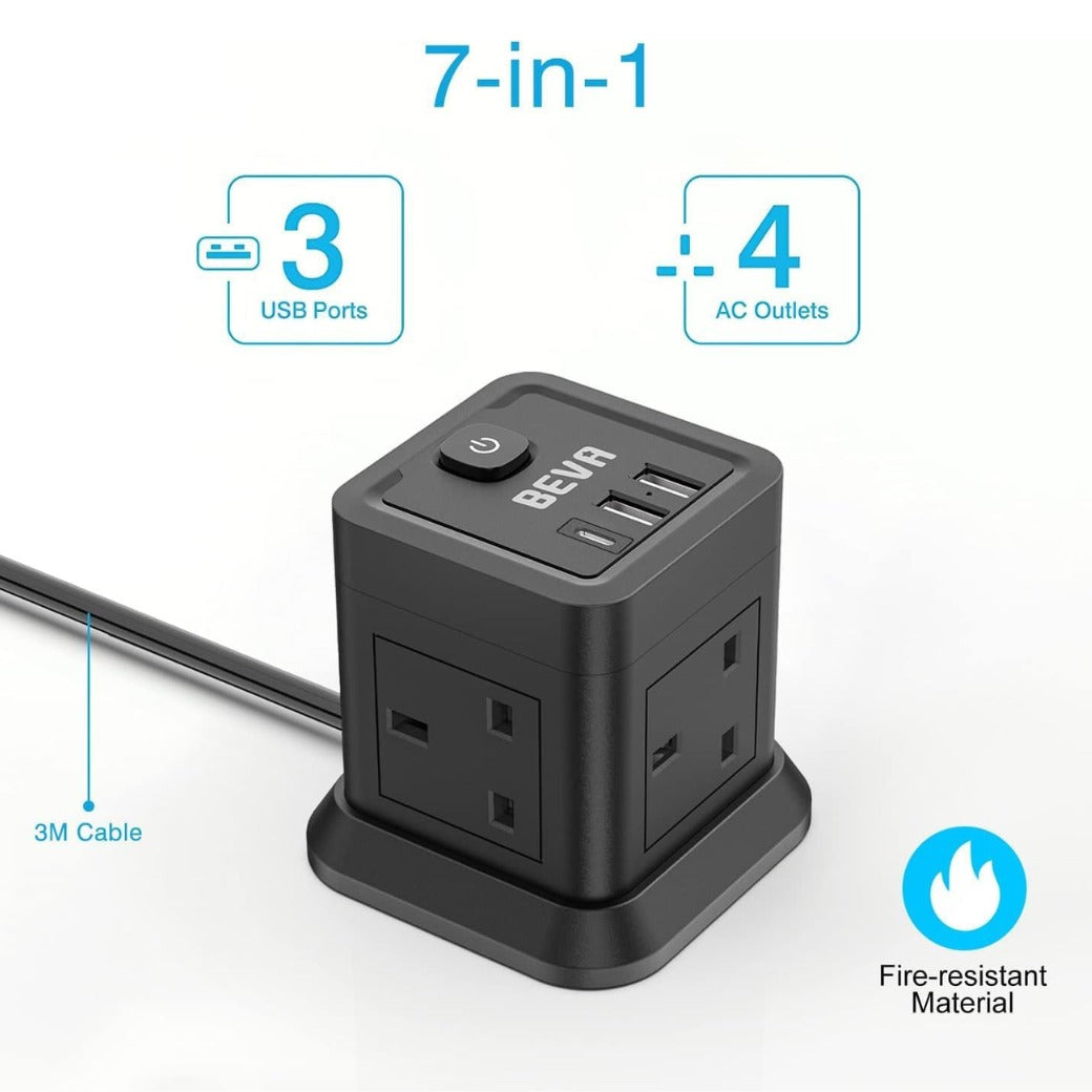 Lead Cube 3M With USB Slots, BEVA 4 Way Extension Socket With 3 USB Ports