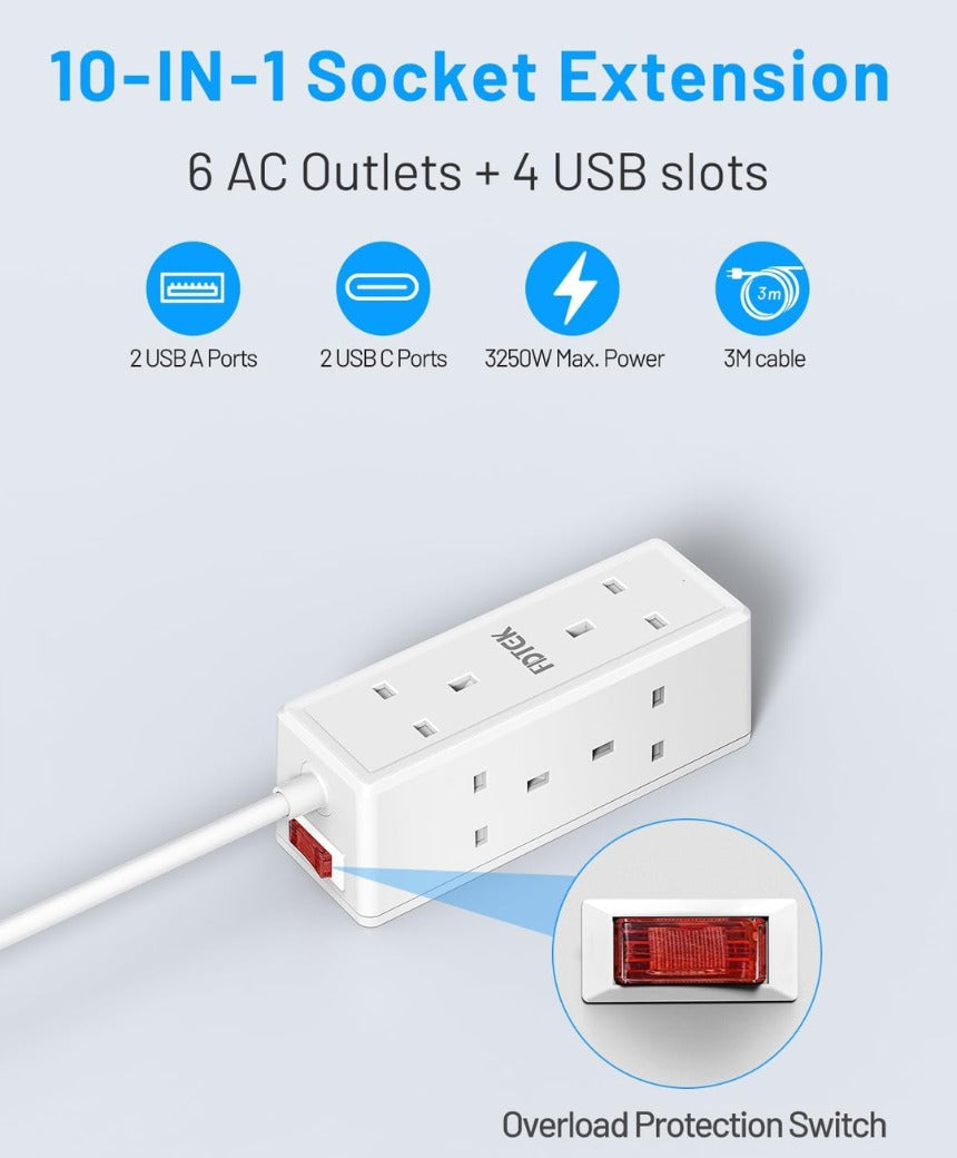 6 Way Extension Lead 3M with USB Slots, FDTEK Desk Power Strip with 2 USB-A and 2 USB-C Ports