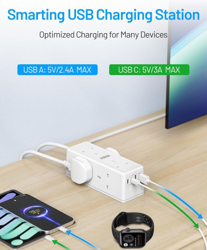6 Way Extension Lead 3M with USB Slots, FDTEK Desk Power Strip with 2 USB-A and 2 USB-C Ports