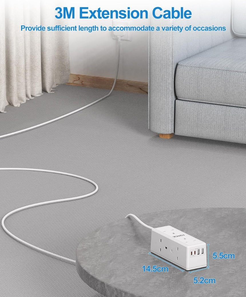 6 Way Extension Lead 3M with USB Slots, FDTEK Desk Power Strip with 2 USB-A and 2 USB-C Ports