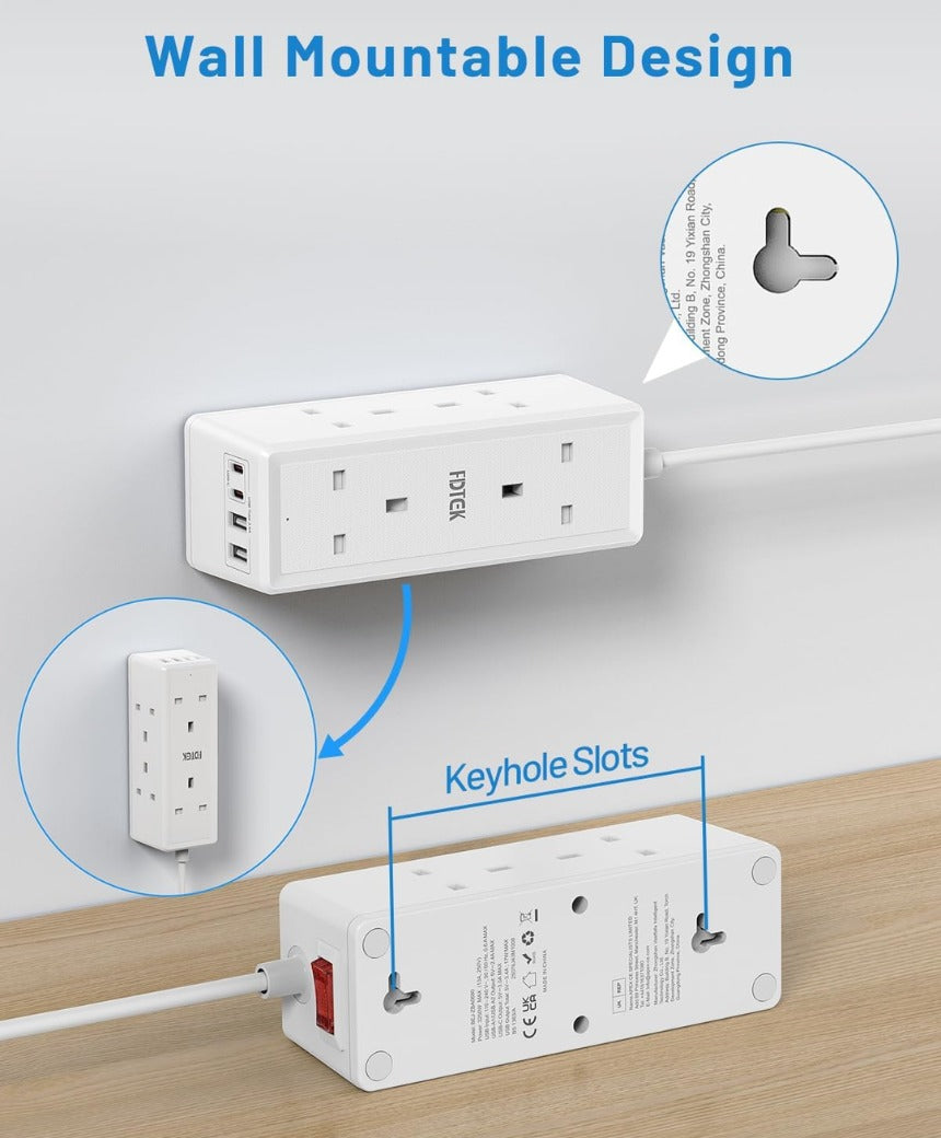 6 Way Extension Lead 3M with USB Slots, FDTEK Desk Power Strip with 2 USB-A and 2 USB-C Ports