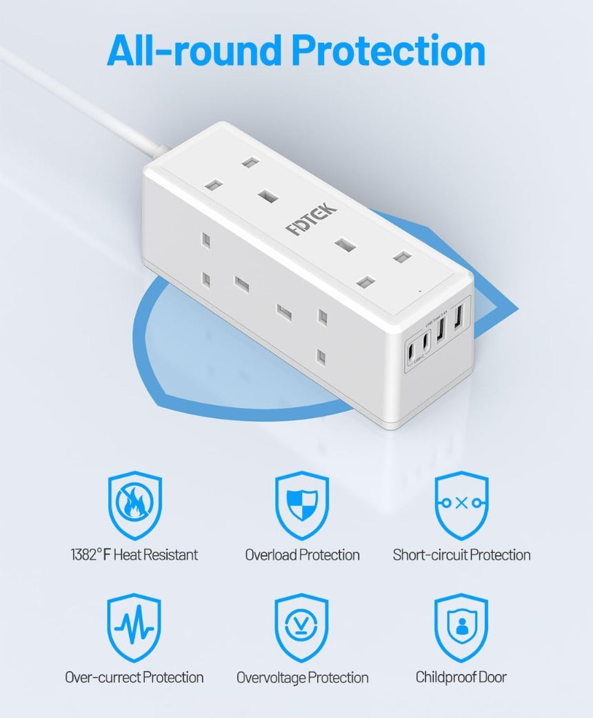6 Way Extension Lead 3M with USB Slots, FDTEK Desk Power Strip with 2 USB-A and 2 USB-C Ports