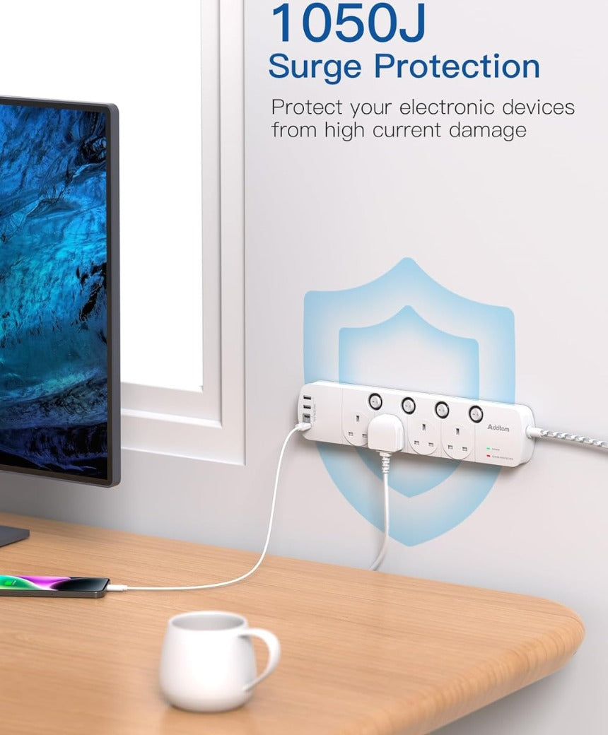1.8M Extension Lead, 4 Way Socket Outlets Power Strips with 4 USB (2 Type C & 2 USB