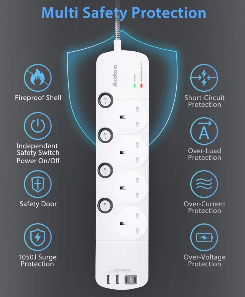 1.8M Extension Lead, 4 Way Socket Outlets Power Strips with 4 USB (2 Type C & 2 USB
