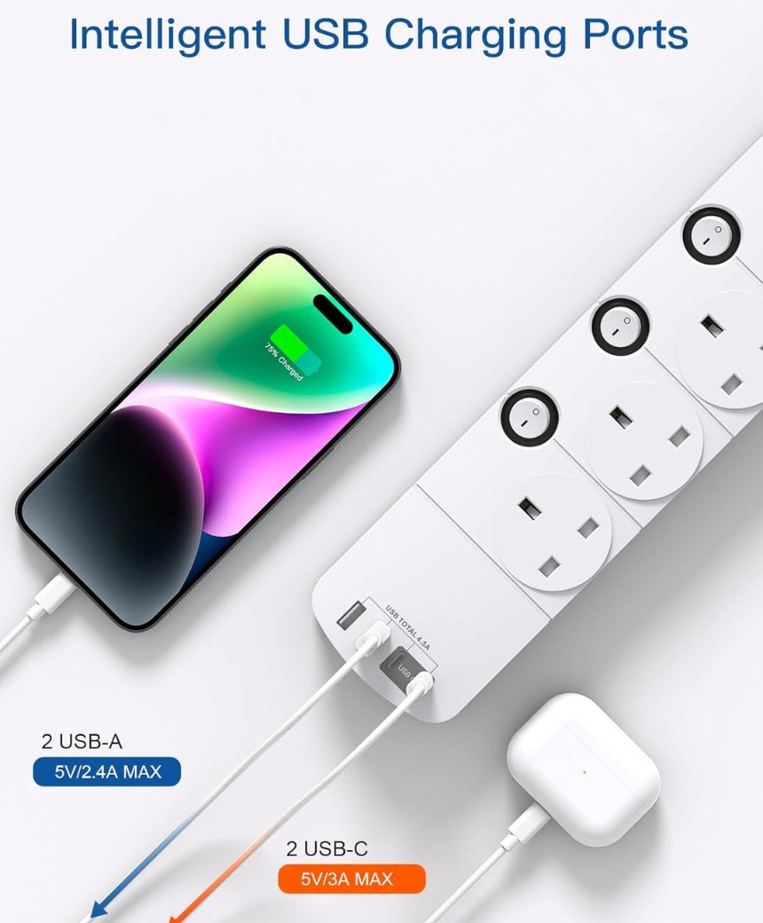 1.8M Extension Lead, 4 Way Socket Outlets Power Strips with 4 USB (2 Type C & 2 USB