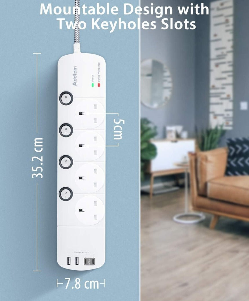 1.8M Extension Lead, 4 Way Socket Outlets Power Strips with 4 USB (2 Type C & 2 USB