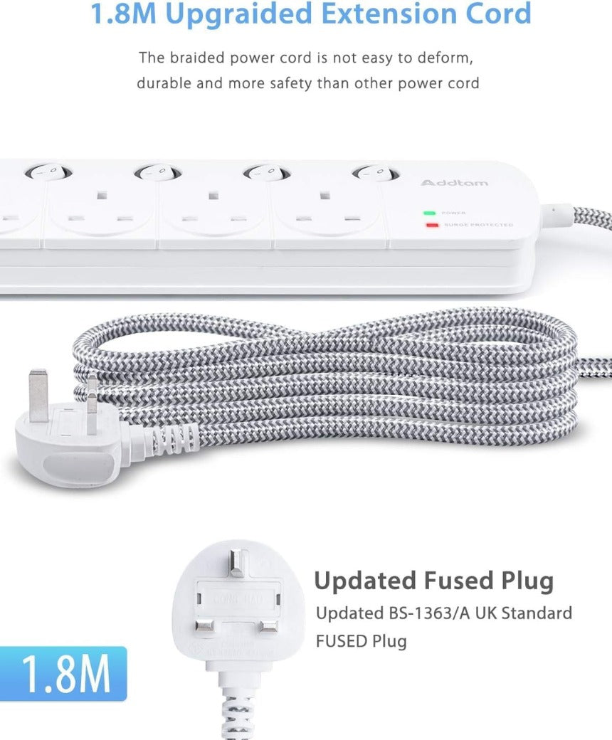 1.8M Extension Lead, 4 Way Socket Outlets Power Strips with 4 USB (2 Type C & 2 USB
