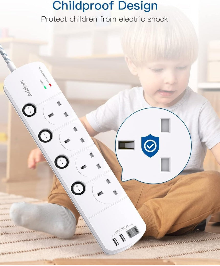 1.8M Extension Lead, 4 Way Socket Outlets Power Strips with 4 USB (2 Type C & 2 USB