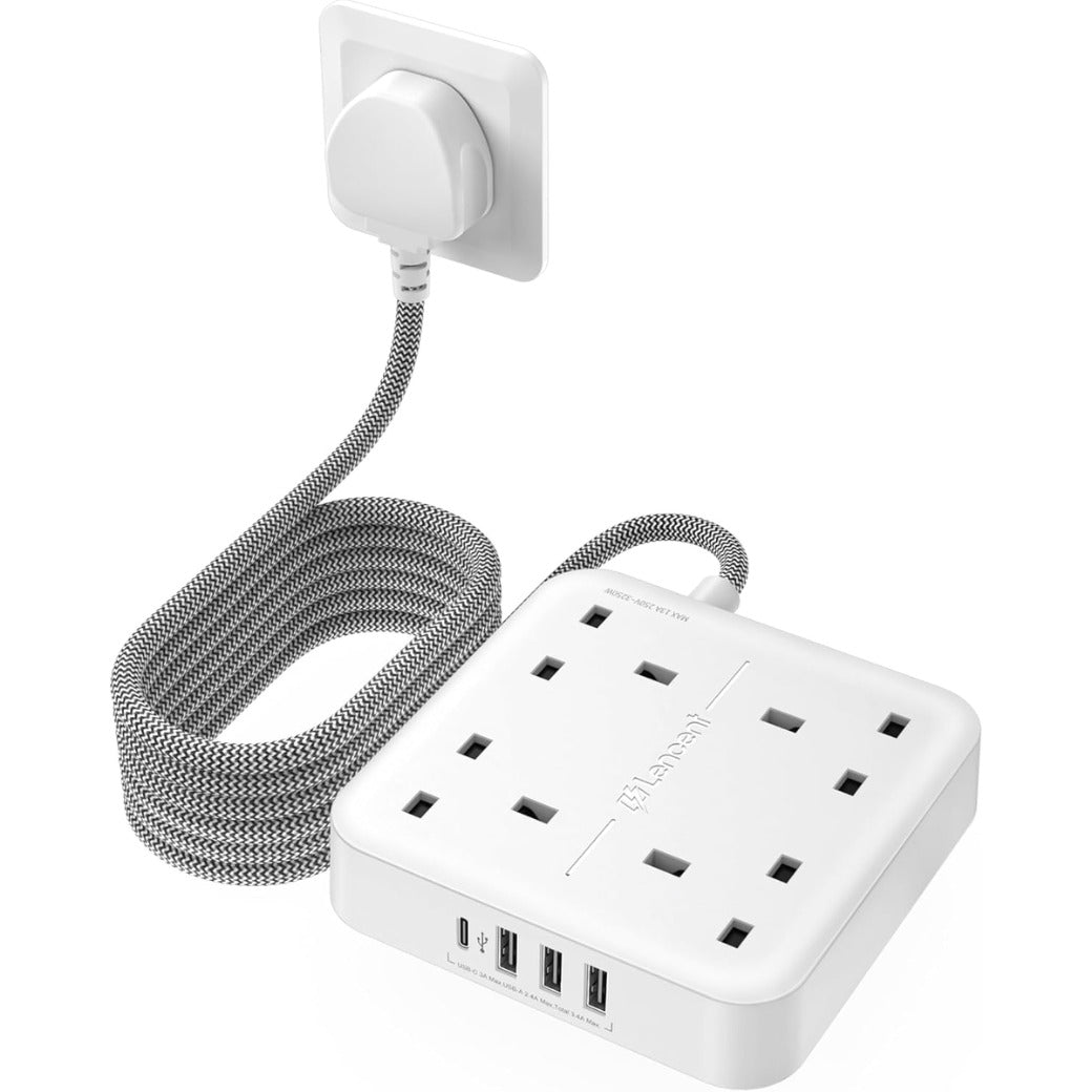 3M Extension Lead with USB C Port (3250W 13A), 4 Way Outlets Power Strip with 1 USB-C and 3 USB Slots