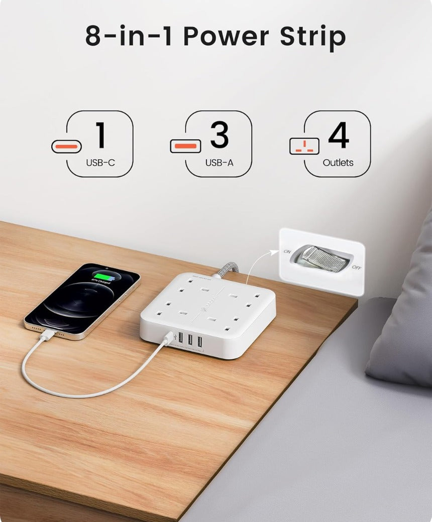 3M Extension Lead with USB C Port (3250W 13A), 4 Way Outlets Power Strip with 1 USB-C and 3 USB Slots