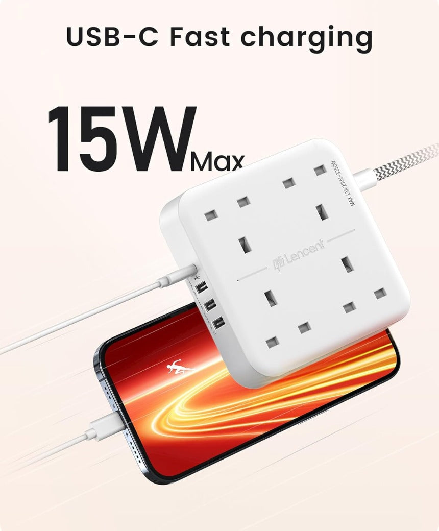 3M Extension Lead with USB C Port (3250W 13A), 4 Way Outlets Power Strip with 1 USB-C and 3 USB Slots