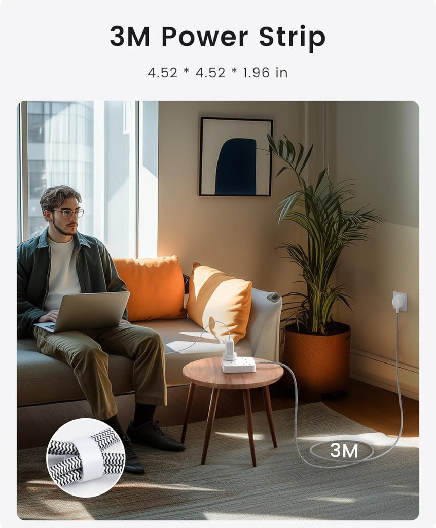 3M Extension Lead with USB C Port (3250W 13A), 4 Way Outlets Power Strip with 1 USB-C and 3 USB Slots