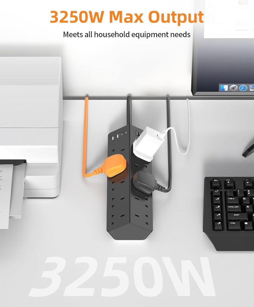 10 Way Extension Lead with USB Slots(2 USB C), ANVODE 14-IN-1 Plug Extension Socket with Switch