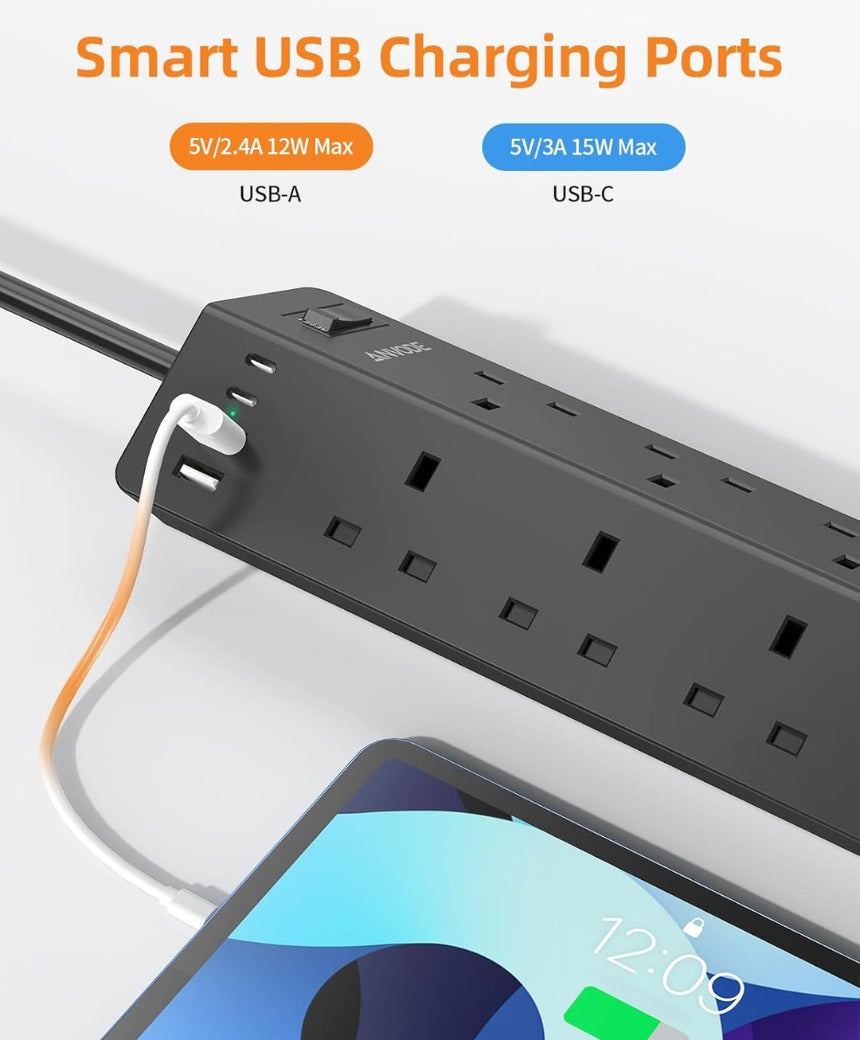 10 Way Extension Lead with USB Slots(2 USB C), ANVODE 14-IN-1 Plug Extension Socket with Switch