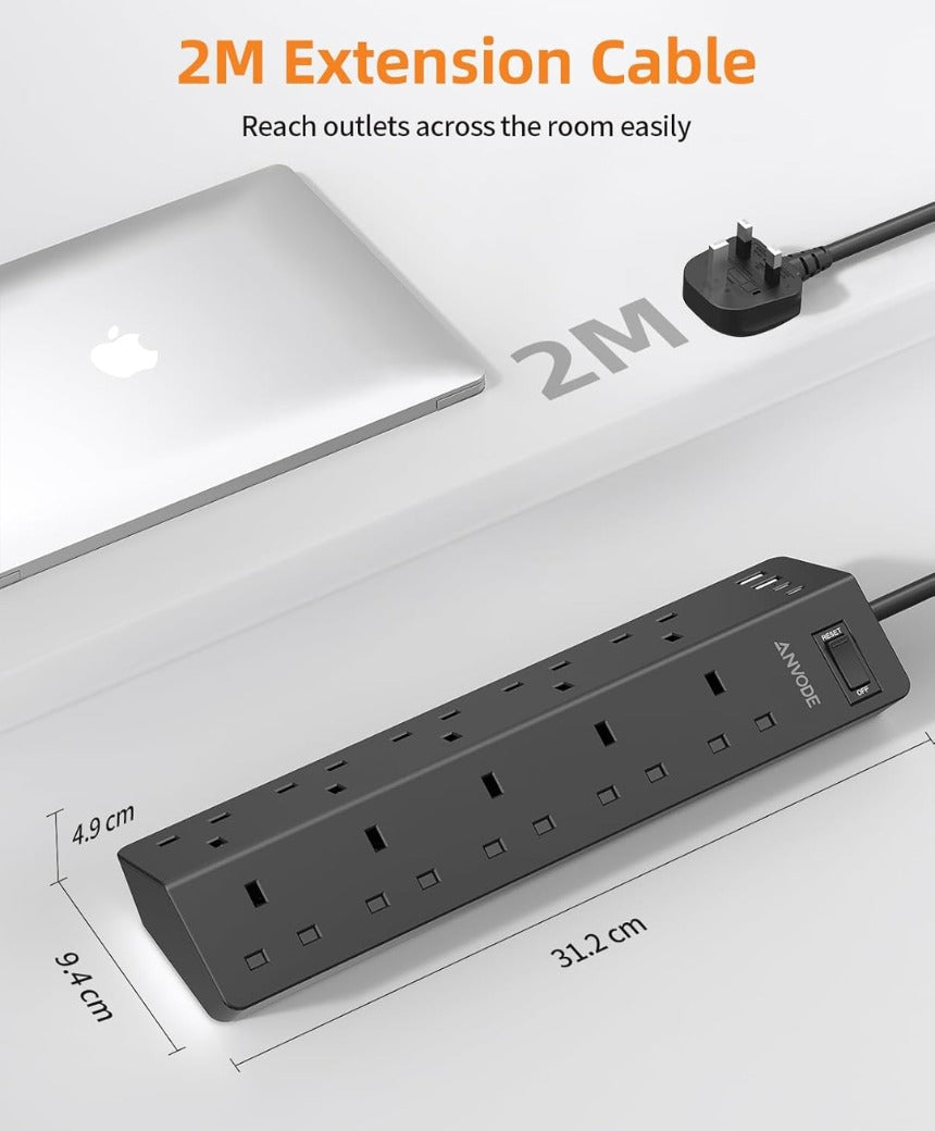 10 Way Extension Lead with USB Slots(2 USB C), ANVODE 14-IN-1 Plug Extension Socket with Switch
