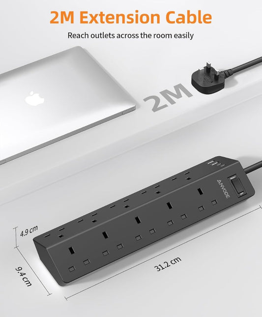 10 Way Extension Lead with USB Slots(2 USB C), ANVODE 14-IN-1 Plug Extension Socket with Switch