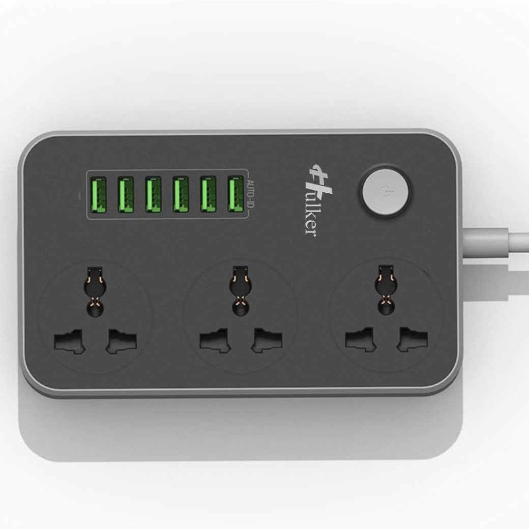 Extension Lead with USB Ports 3 Way Outlets 6 USB Ports Surge Protection UK Socket with Bold Extension Cord with Fuse and Shutter Power Strips Universal Socket, Black