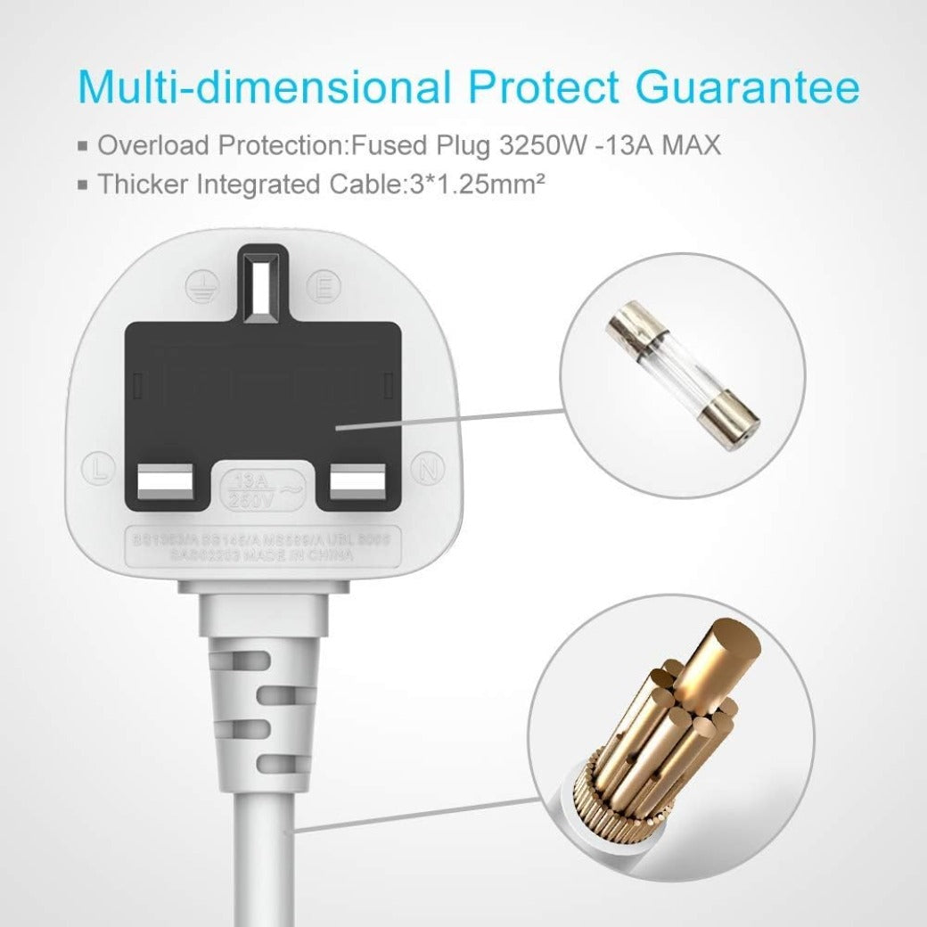Extension Lead with USB Ports 3 Way Outlets 6 USB Ports Surge Protection UK Socket with Bold Extension Cord with Fuse and Shutter Power Strips Universal Socket, Black