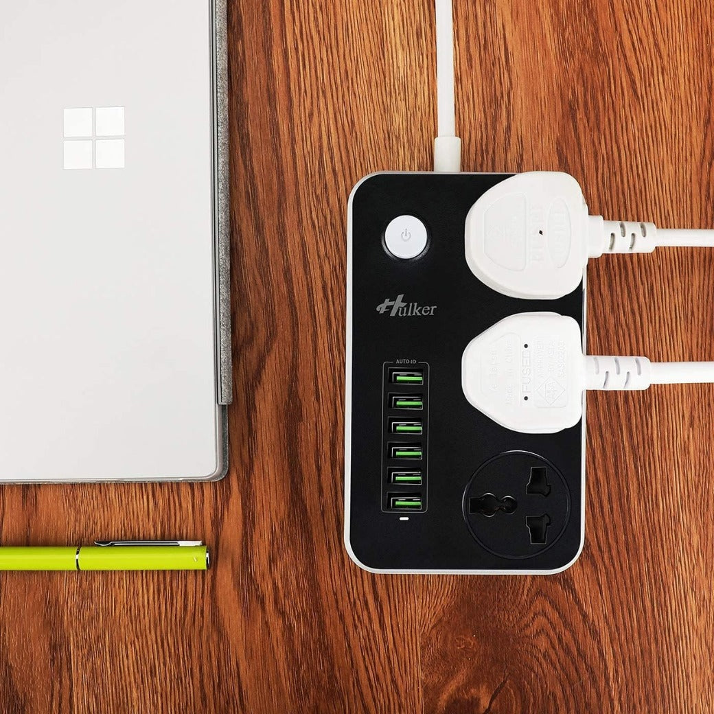 Extension Lead with USB Ports 3 Way Outlets 6 USB Ports Surge Protection UK Socket with Bold Extension Cord with Fuse and Shutter Power Strips Universal Socket, Black