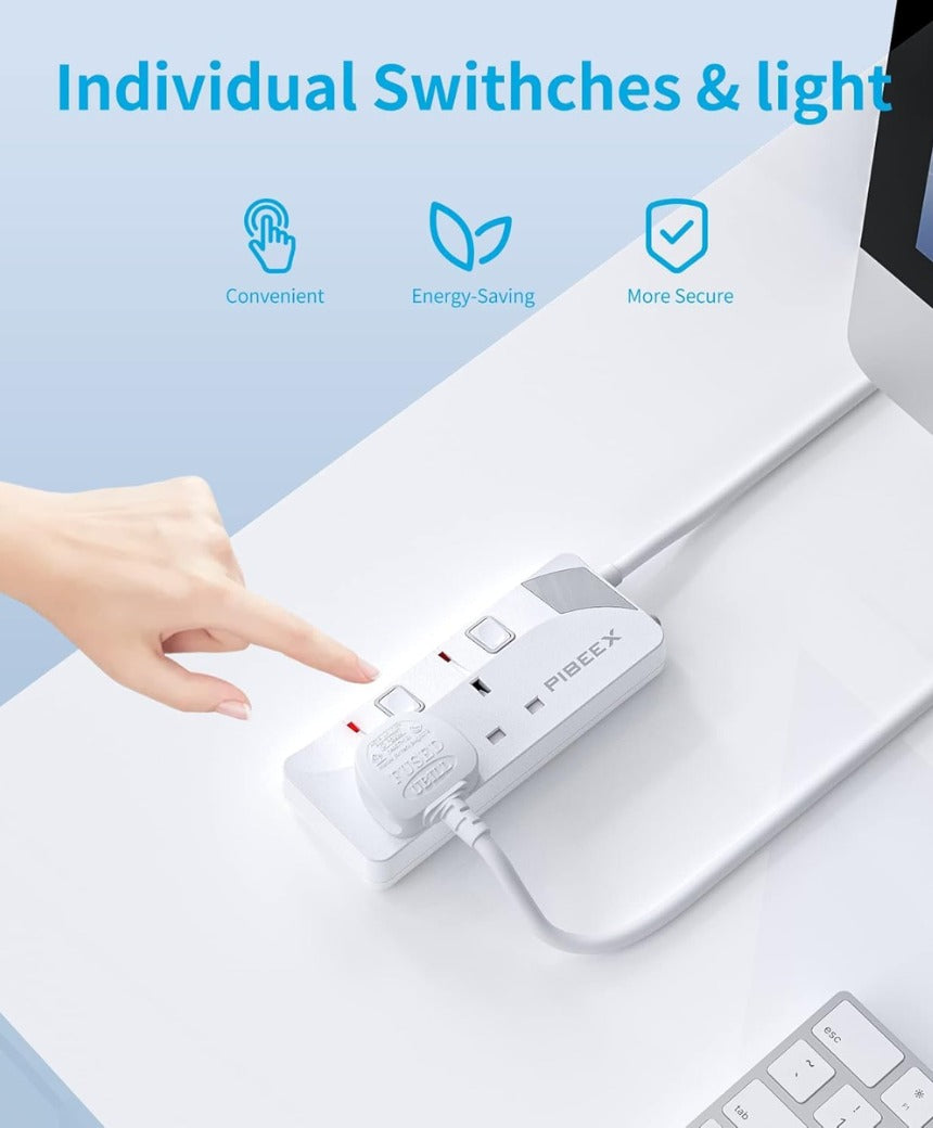 Extension Lead 2 Way Plug Sockets with Individual Switches Wall Mountable Power Strip 1.5M Extension Cable 13A Fused UK Plug 3250W