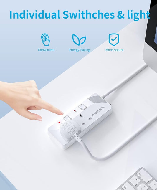 Extension Lead 2 Way Plug Sockets with Individual Switches Wall Mountable Power Strip 1.5M Extension Cable 13A Fused UK Plug 3250W