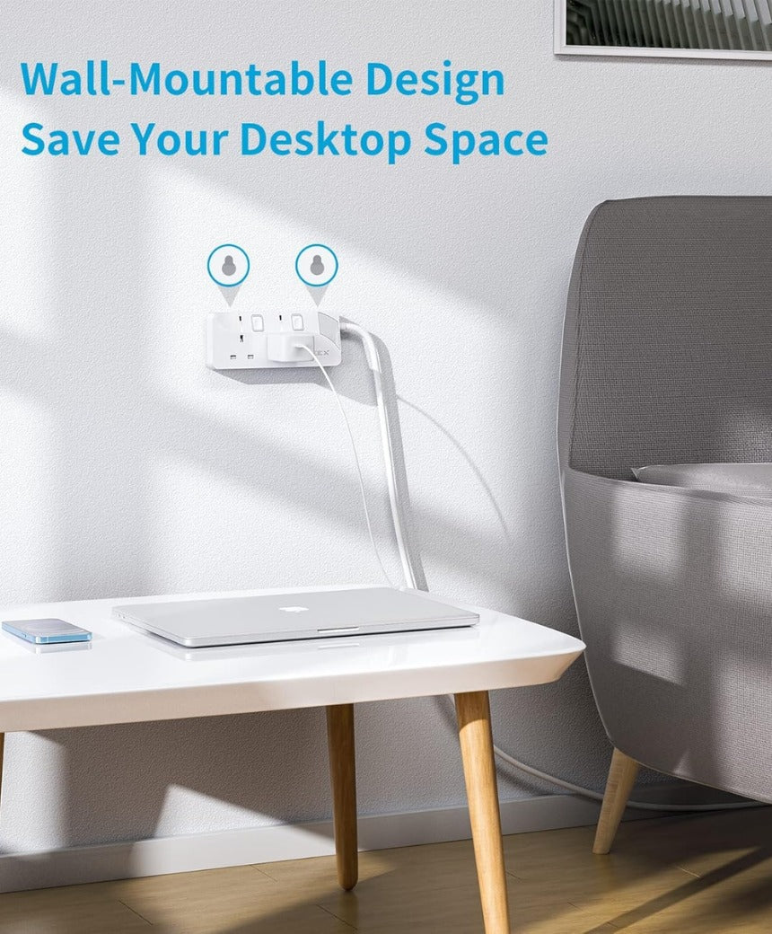 Extension Lead 2 Way Plug Sockets with Individual Switches Wall Mountable Power Strip 1.5M Extension Cable 13A Fused UK Plug 3250W