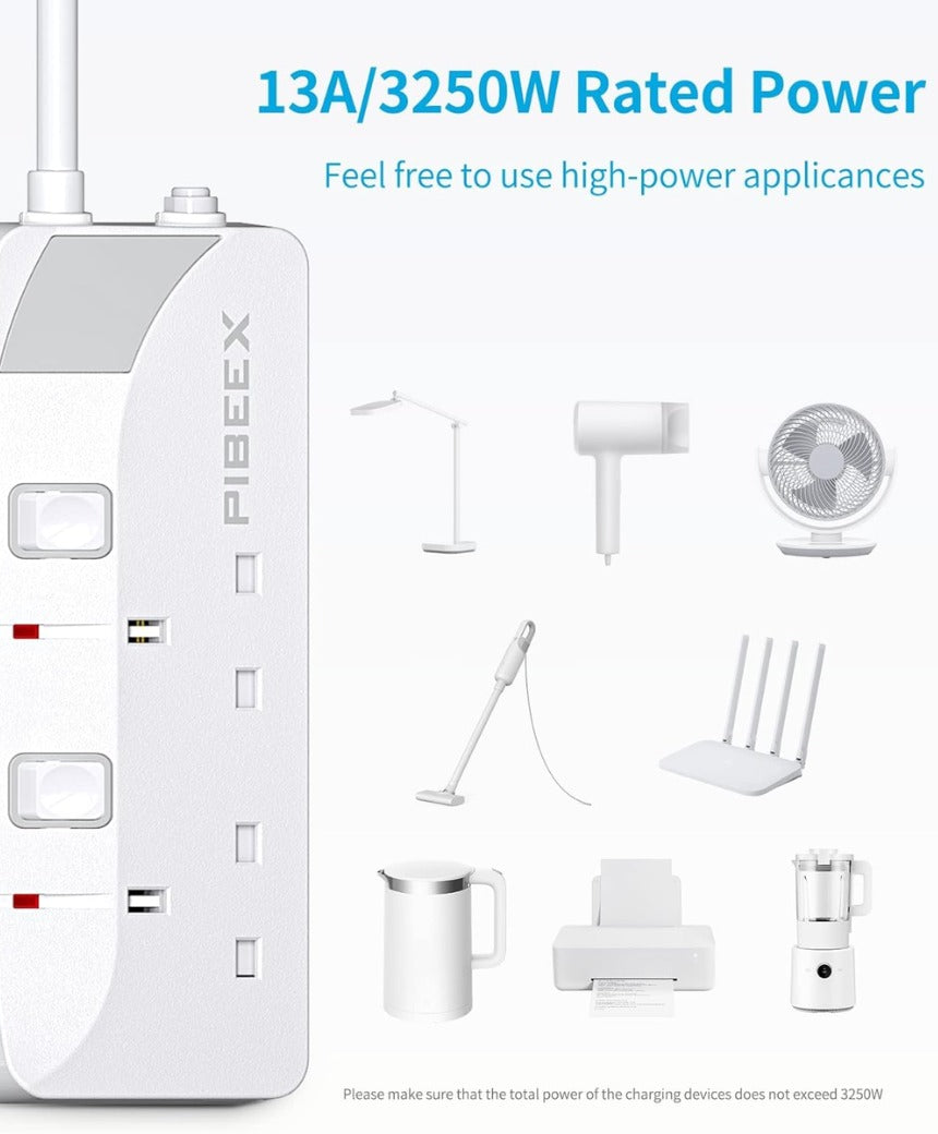 Extension Lead 2 Way Plug Sockets with Individual Switches Wall Mountable Power Strip 1.5M Extension Cable 13A Fused UK Plug 3250W