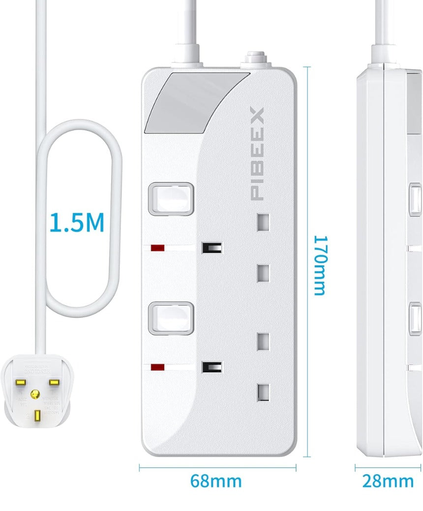 Extension Lead 2 Way Plug Sockets with Individual Switches Wall Mountable Power Strip 1.5M Extension Cable 13A Fused UK Plug 3250W
