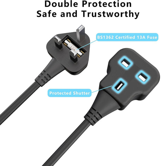 Plug Splitter Extension Cord 2 Plug Extension Lead 10m Power Cable 13 Amp Heavy Duty Electrical Socket Black For Garden