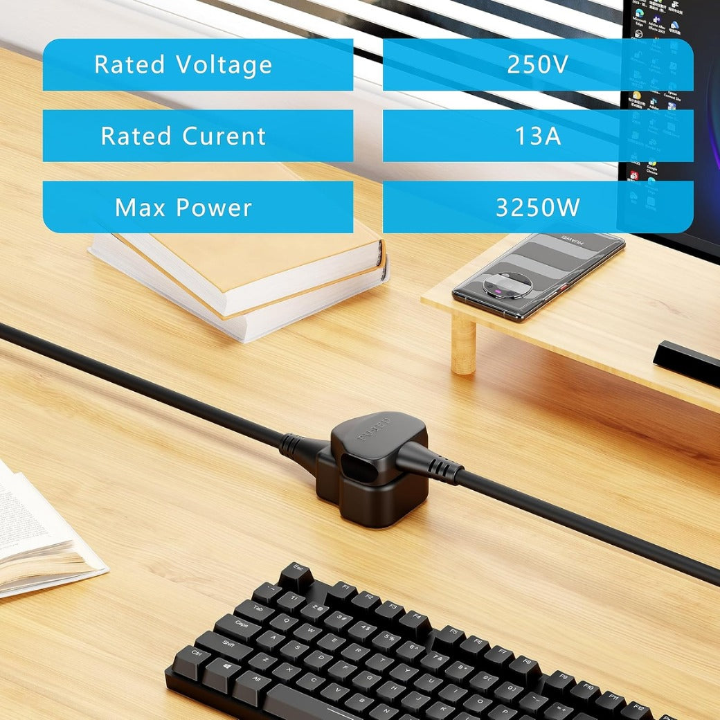 Plug Splitter Extension Cord 2 Plug Extension Lead 10m Power Cable 13 Amp Heavy Duty Electrical Socket Black For Garden