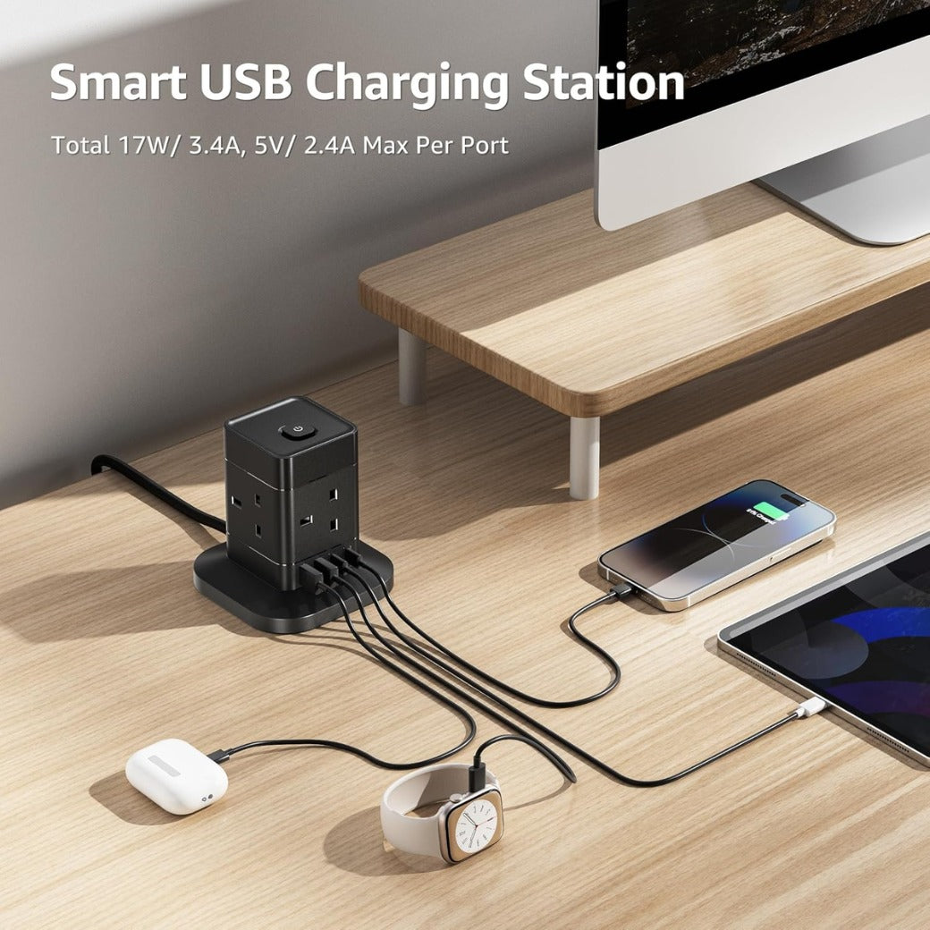 3M Cube Extension Lead with USB C, Hotimy 4 Way Plug Extension Socket with 4 USB (2 USB A & 2 USB C)