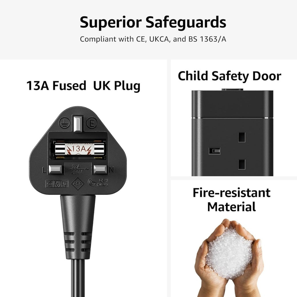 3M Cube Extension Lead with USB C, Hotimy 4 Way Plug Extension Socket with 4 USB (2 USB A & 2 USB C)