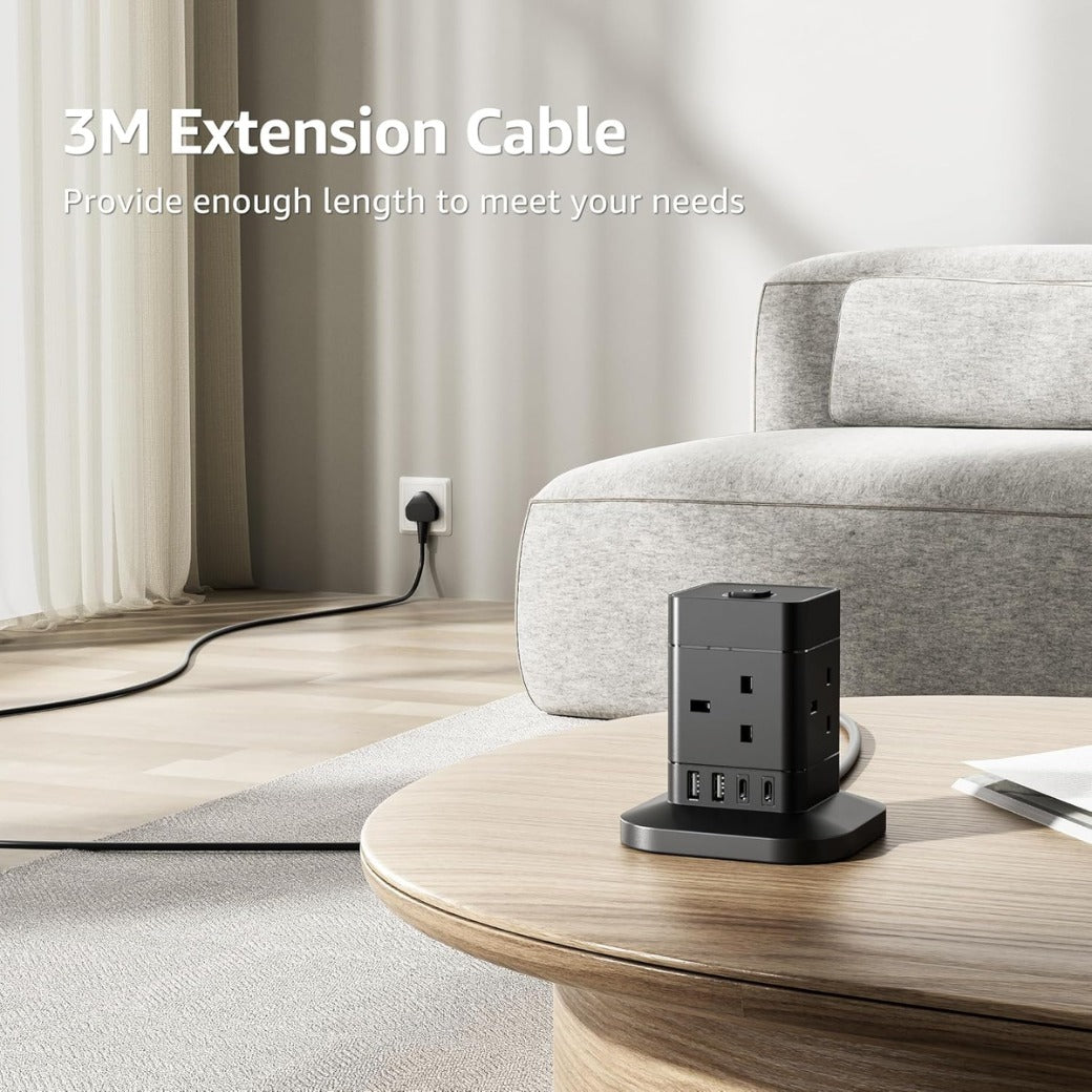 3M Cube Extension Lead with USB C, Hotimy 4 Way Plug Extension Socket with 4 USB (2 USB A & 2 USB C)