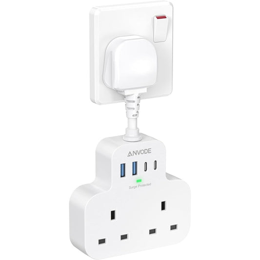 Multi Plug Extension Socket with 4 USB Ports, ANVODE 2 Way Plug Adaptor with Flexible Cable, Short Extension Lead Double Adapter Plug UK for Bedroom, Office..