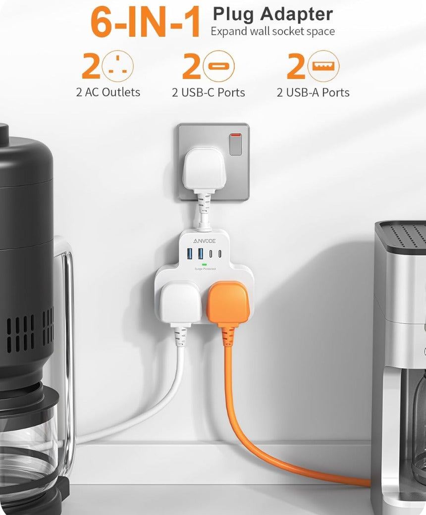Multi Plug Extension Socket with 4 USB Ports, ANVODE 2 Way Plug Adaptor with Flexible Cable, Short Extension Lead Double Adapter Plug UK for Bedroom, Office..