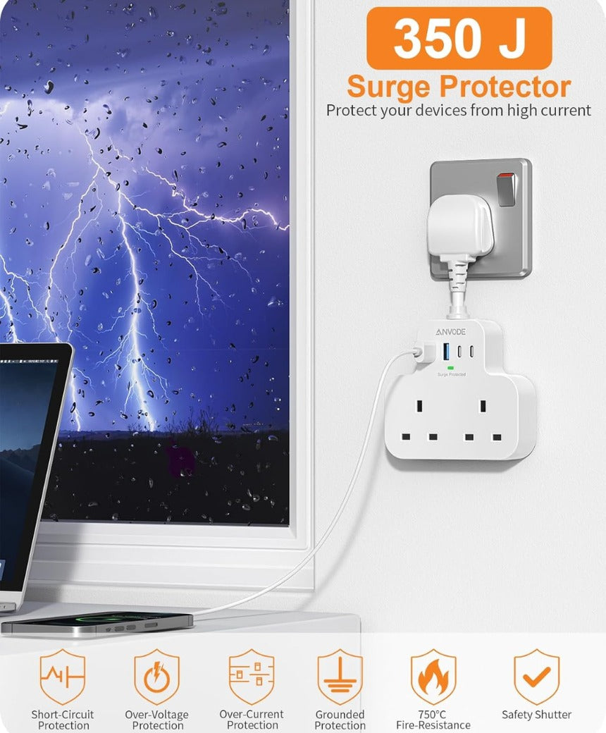 Multi Plug Extension Socket with 4 USB Ports, ANVODE 2 Way Plug Adaptor with Flexible Cable, Short Extension Lead Double Adapter Plug UK for Bedroom, Office..