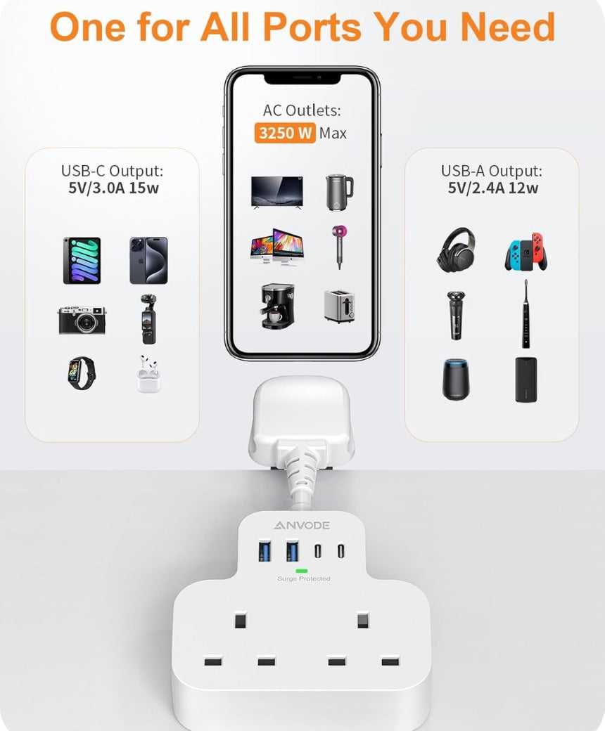 Multi Plug Extension Socket with 4 USB Ports, ANVODE 2 Way Plug Adaptor with Flexible Cable, Short Extension Lead Double Adapter Plug UK for Bedroom, Office..