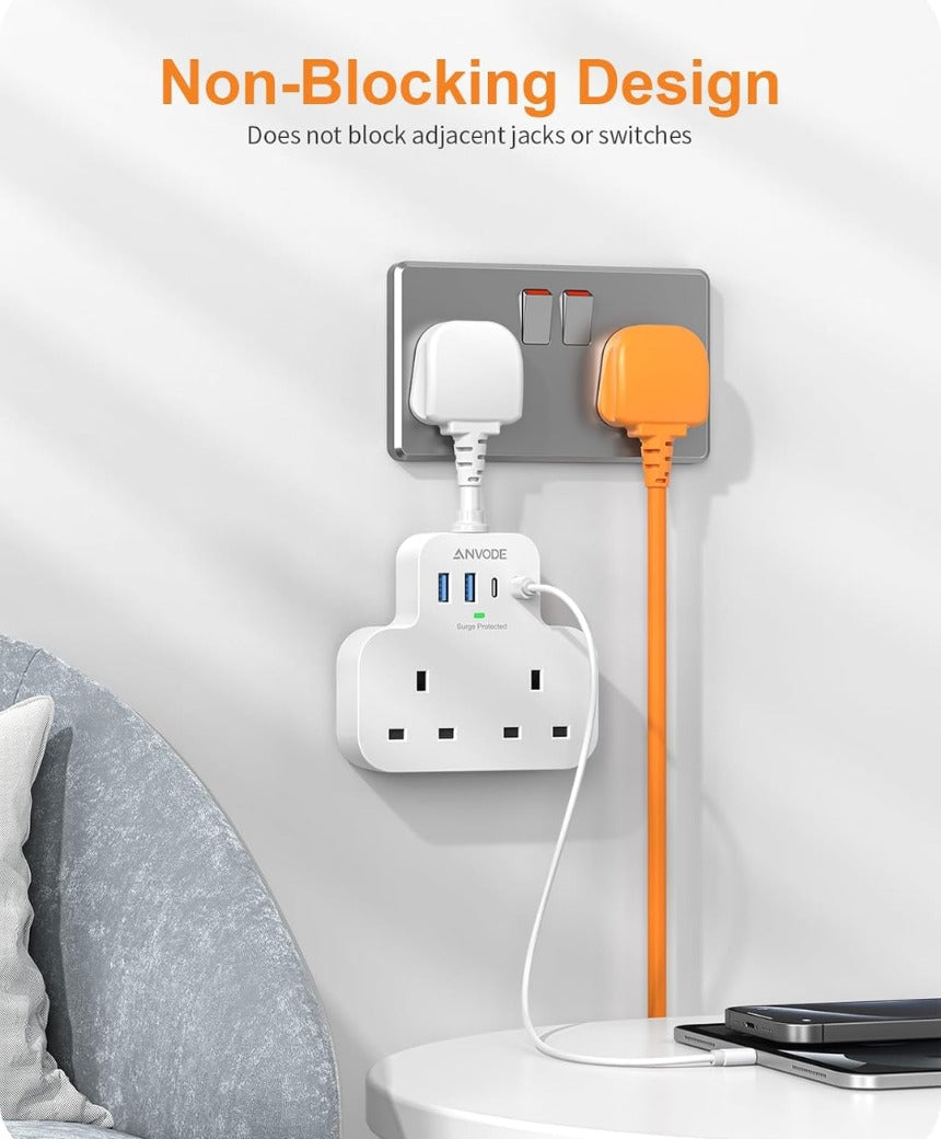 Multi Plug Extension Socket with 4 USB Ports, ANVODE 2 Way Plug Adaptor with Flexible Cable, Short Extension Lead Double Adapter Plug UK for Bedroom, Office..