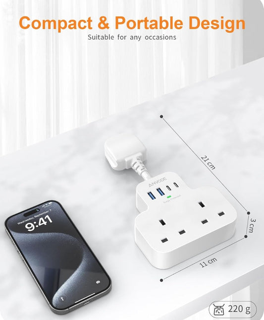 Multi Plug Extension Socket with 4 USB Ports, ANVODE 2 Way Plug Adaptor with Flexible Cable, Short Extension Lead Double Adapter Plug UK for Bedroom, Office..