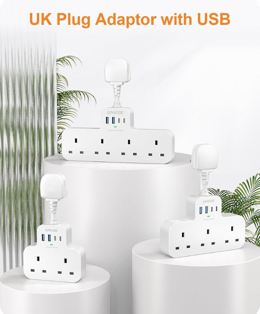 Multi Plug Extension Socket with 4 USB Ports, ANVODE 2 Way Plug Adaptor with Flexible Cable, Short Extension Lead Double Adapter Plug UK for Bedroom, Office..