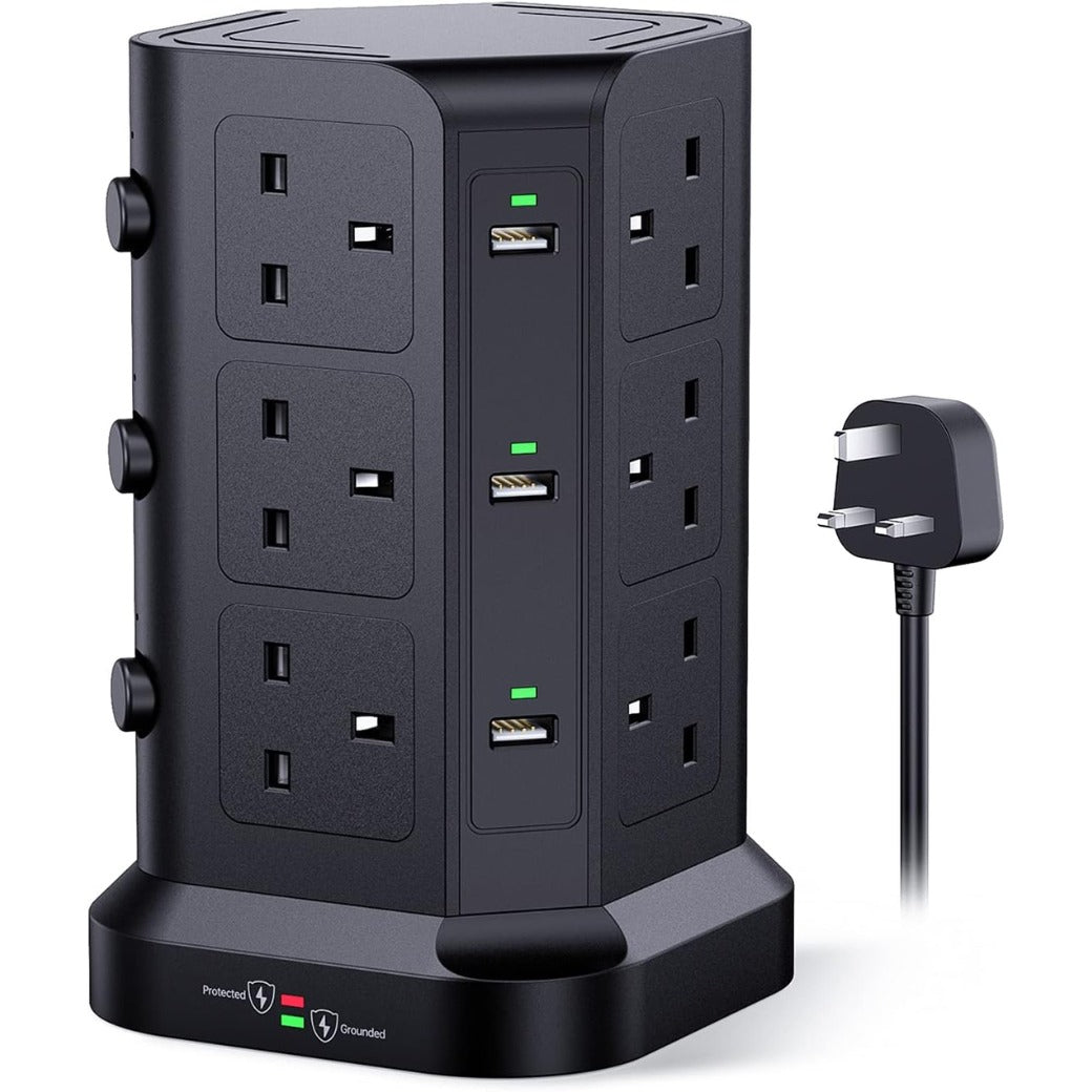 Tower Extension Lead by KOOSLA, [13A 3250W] Surge Protector - 12 AC Outlets & 6 USB Ports Multi Plug Socket Power Strip with Heavy