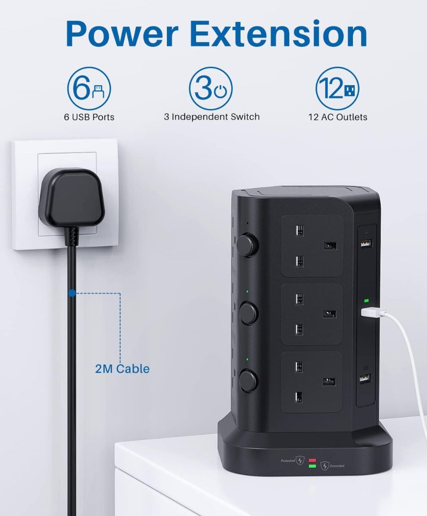 Tower Extension Lead by KOOSLA, [13A 3250W] Surge Protector - 12 AC Outlets & 6 USB Ports Multi Plug Socket Power Strip with Heavy