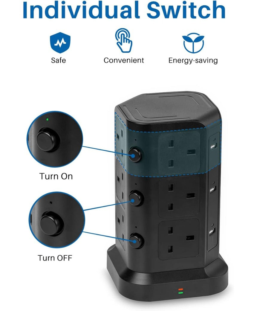 Tower Extension Lead by KOOSLA, [13A 3250W] Surge Protector - 12 AC Outlets & 6 USB Ports Multi Plug Socket Power Strip with Heavy
