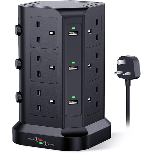 Tower Extension Lead by KOOSLA, [13A 3250W] Surge Protector - 12 AC Outlets & 6 USB Ports Multi Plug Socket Power Strip with Heavy