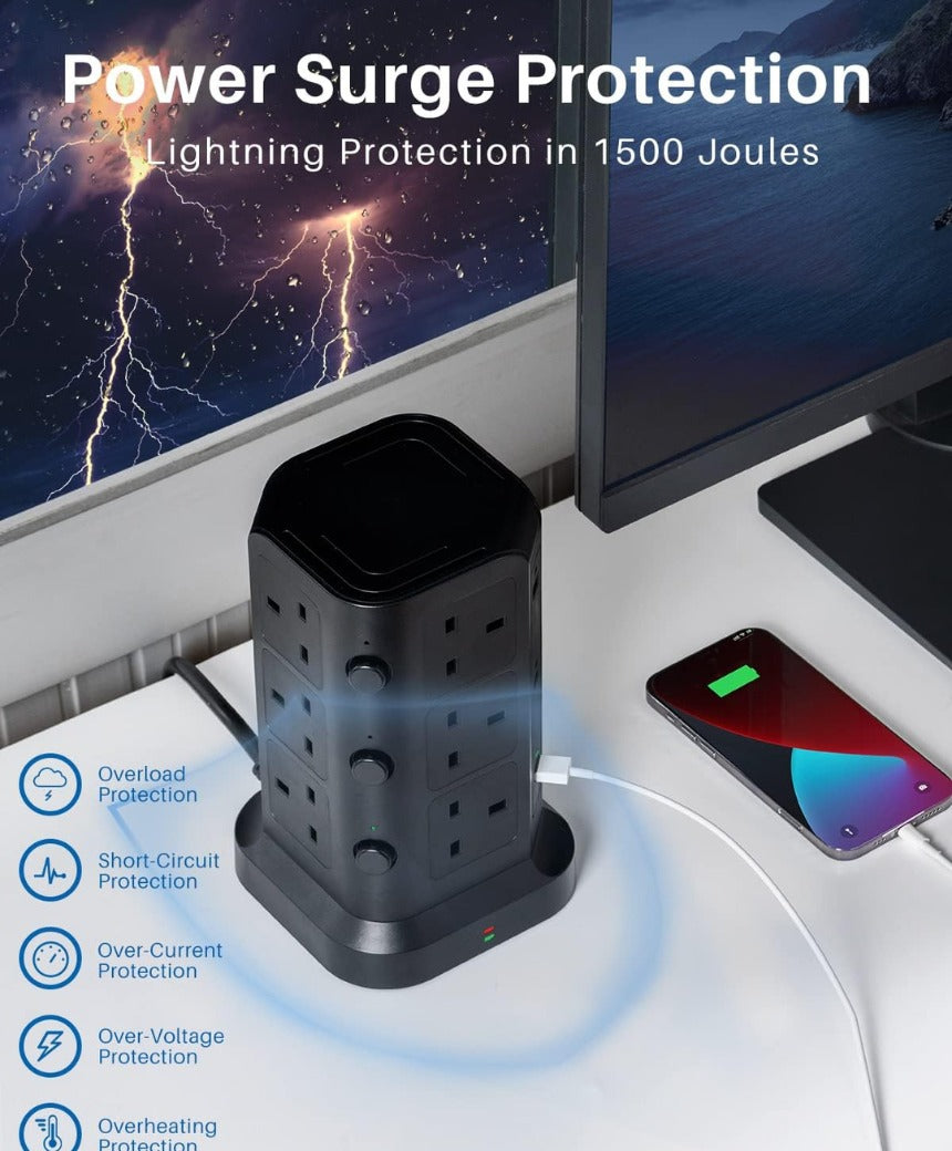 Tower Extension Lead by KOOSLA, [13A 3250W] Surge Protector - 12 AC Outlets & 6 USB Ports Multi Plug Socket Power Strip with Heavy