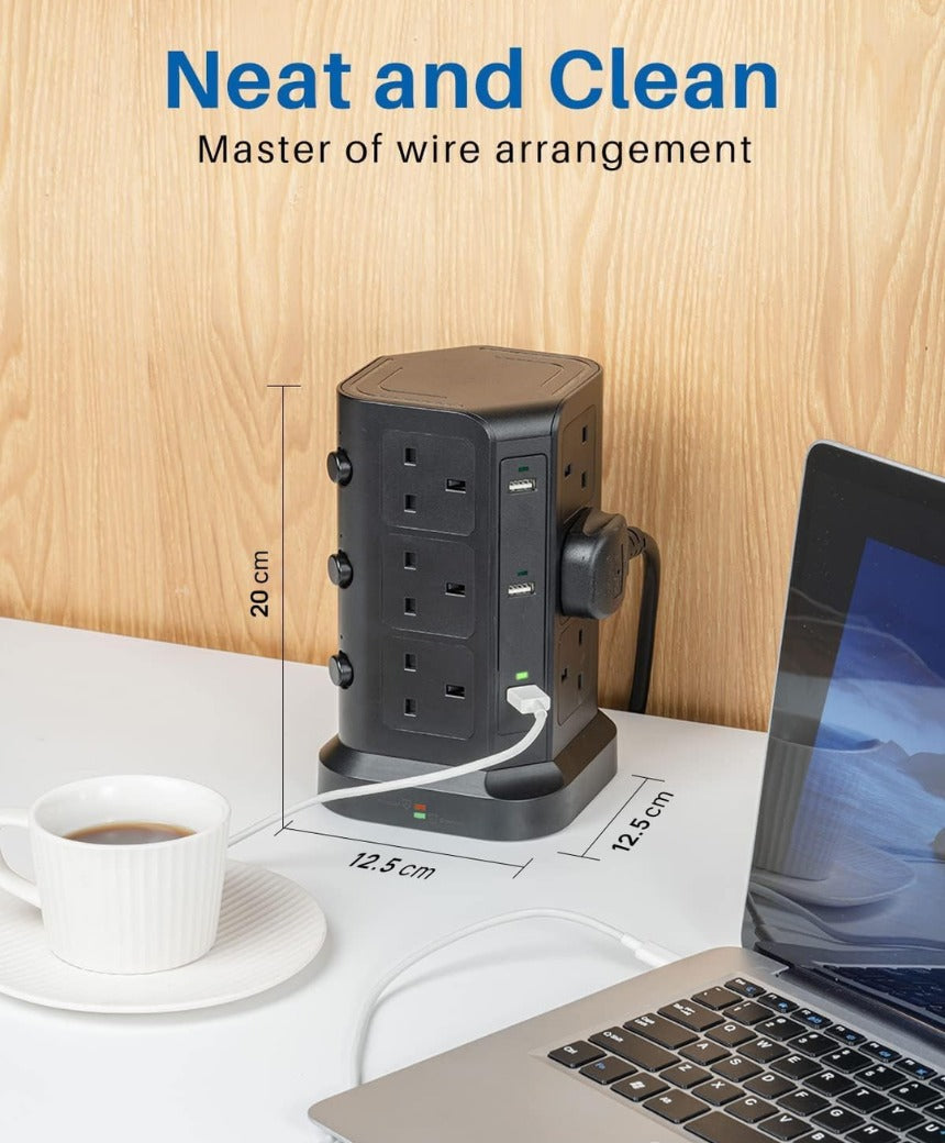 Tower Extension Lead by KOOSLA, [13A 3250W] Surge Protector - 12 AC Outlets & 6 USB Ports Multi Plug Socket Power Strip with Heavy